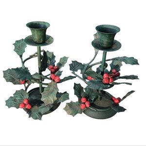 Vintage Christmas Holiday 6.5" GANZ Metal Holly With Berries Candle Holders Set